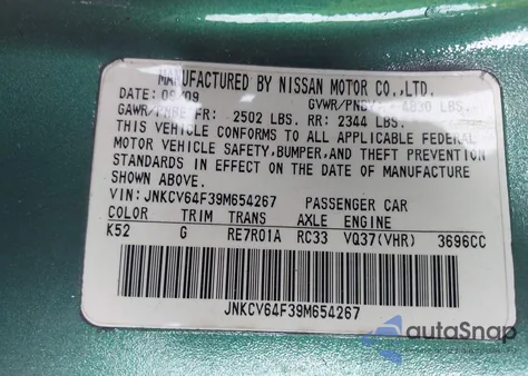 2009 Infiniti G37X from USA, damaged, VIN JNKCV64F39M654267